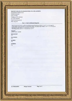 Certificazione del prodotto Teda Steel Teda Steel Product certification